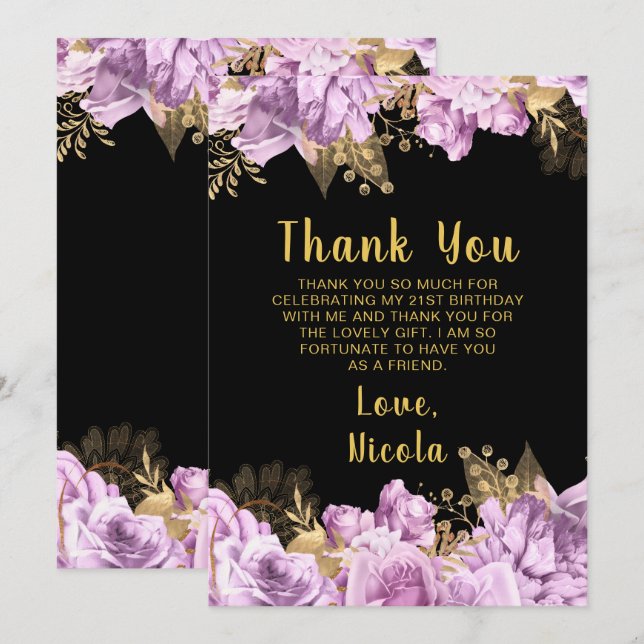 Elegant Lilac and Gold Flowers Birthday Party Dankeskarte (Vorne/Hinten)