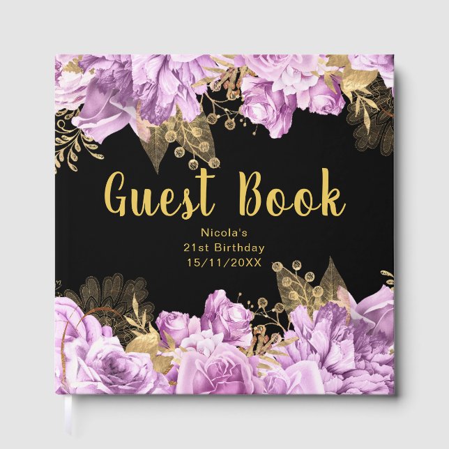 Elegant Lilac and Gold Flowers Birthday Party Gästebuch (Vorderseite)