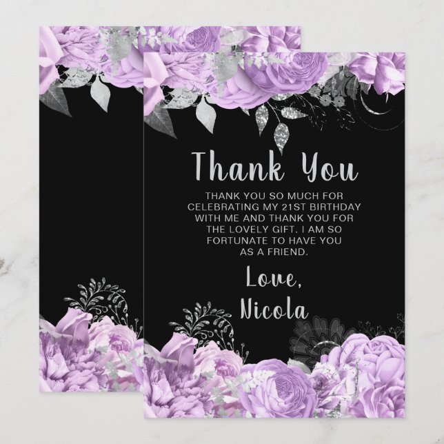 Elegant Lilac and Silver Flowers Birthday Party Dankeskarte (Vorne/Hinten)