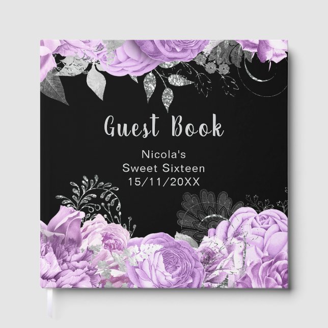 Elegant Lilac and Silver Flowers Sweet Sixteen Gästebuch (Vorderseite)