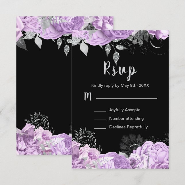 Elegant Lilac and Silver Flowers Sweet Sixteen RSVP Karte (Vorne/Hinten)