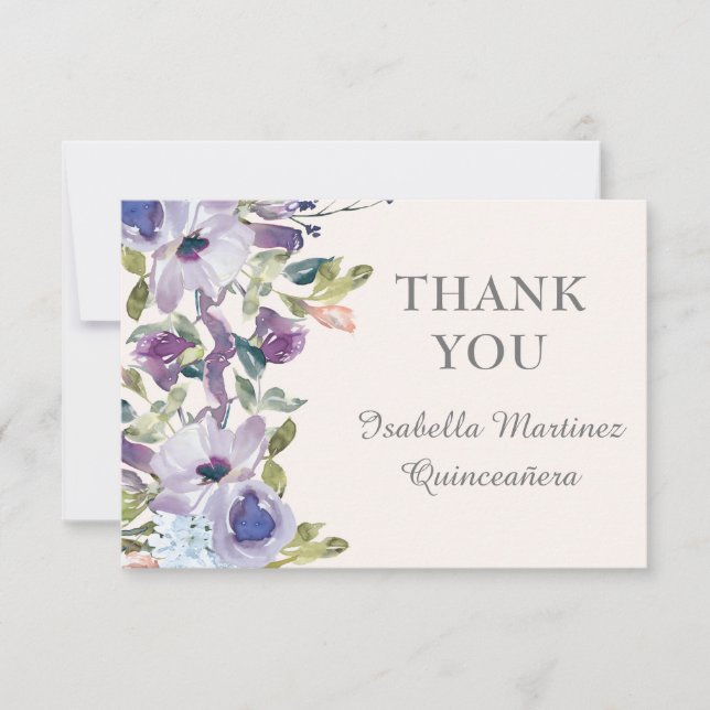 Elegant Lilac Blue Floral Horizontal Quinceañera Dankeskarte (Vorderseite)