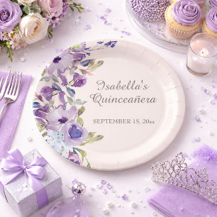 Elegant Lilac Blue Floral Horizontal Quinceañera Pappteller