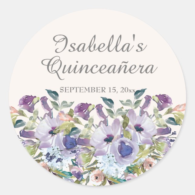 Elegant Lilac Blue Floral Quinceñera Name Datum Runder Aufkleber (Vorderseite)