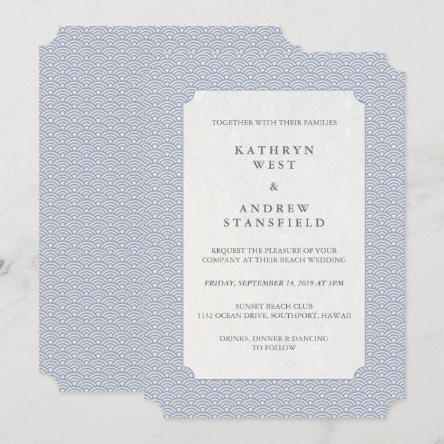 Elegant Lilac-Blue Stilisierte Waves Muster Hochze Einladung (Vorne/Hinten)