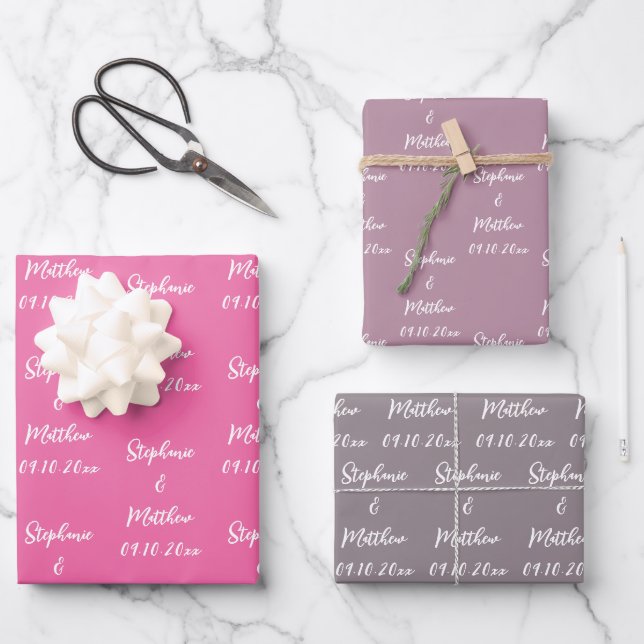Elegant Lilac Bride Groom Names Weddings Geschenkpapier Set (Vorderseite)