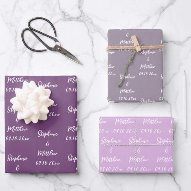 Elegant Lilac Bride Groom Names Weddings Geschenkpapier Set (Vorderseite)