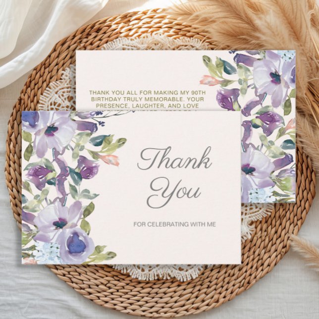 Elegant Lilac Dusty Blue Floral Geburtstag Dankeskarte (Purple watercolor floral women's birthday party "Thank you" card)