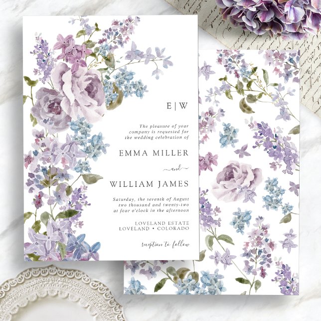 Elegant Lilac Greenerity Wedding Einladung (Elegant Lilac Greenery Wedding Invitation with Monogram by Painted Paperie
)