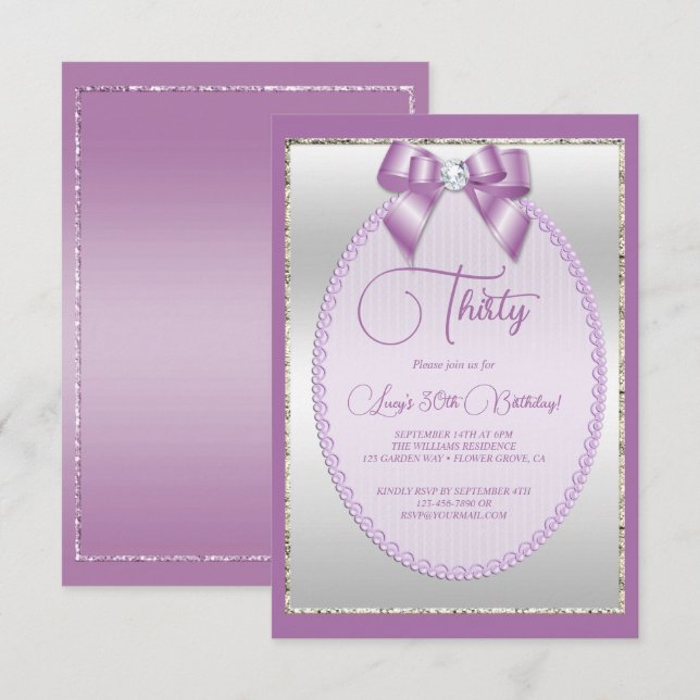 Elégant Lilac Jewel Bow Invitation Anniversaire (Devant / Derrière)