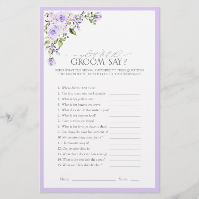 Elegant Lilac Lavender Floral Brautparty Game (Vorderseite)