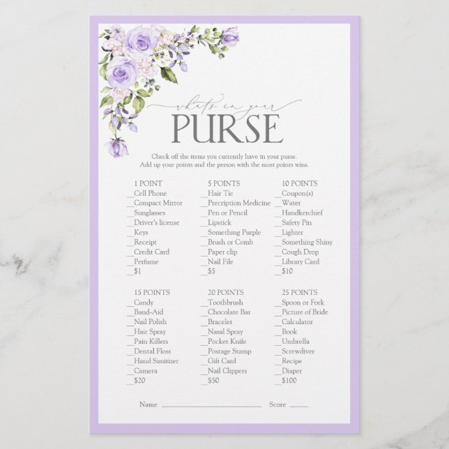 Elegant Lilac Lavender Floral Brautparty Game (Vorderseite)