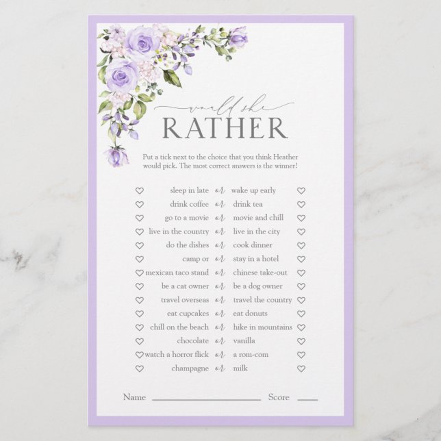 Elegant Lilac Lavender Floral Brautparty Game (Vorderseite)