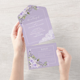 Elegant Lilac Lavender Rustic Lace Wedding All In One Einladung
