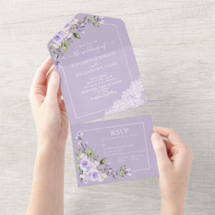 Elegant Lilac Lavender Rustic Lace Wedding All In One Einladung