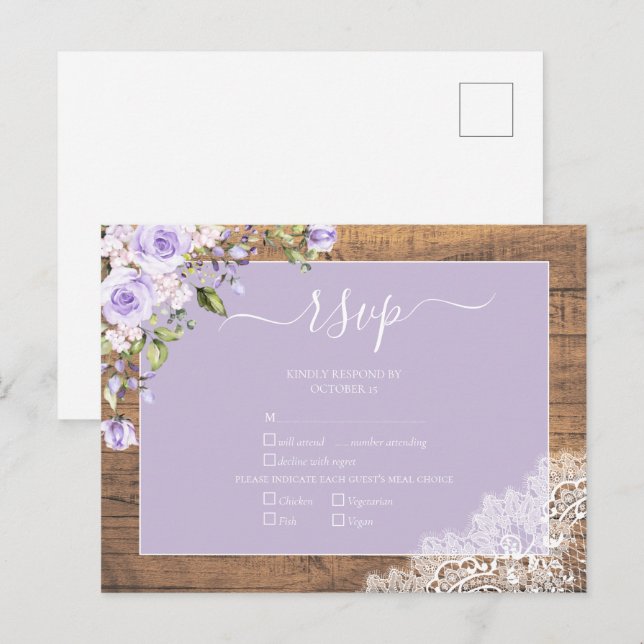 Elegant Lilac Lavender Rustic Lace Wedding RSVP Einladungspostkarte (Vorne/Hinten)