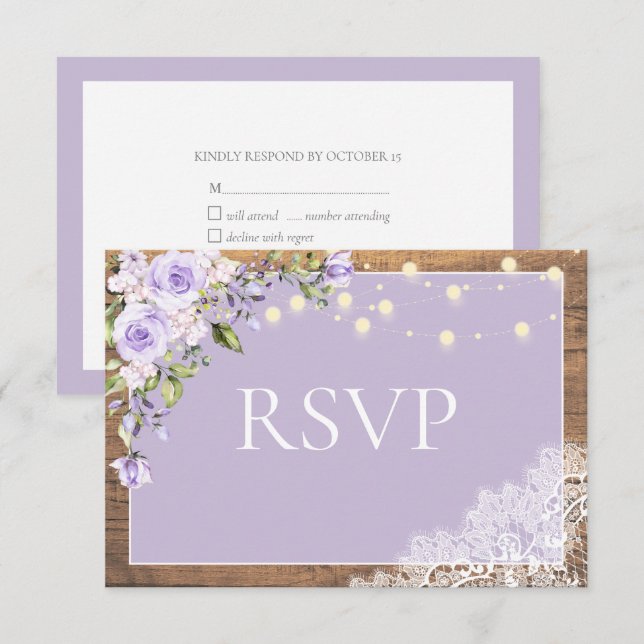 Elegant Lilac Lavender Rustic Wood Lace Hochzeit RSVP Karte (Vorne/Hinten)