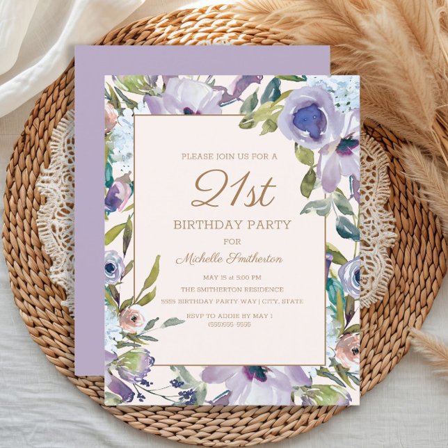 Elegant Lilac Lila Blumengrün 21. Geburtstag Einladung (Elegant purple watercolor floral 21st birthday party invitation)