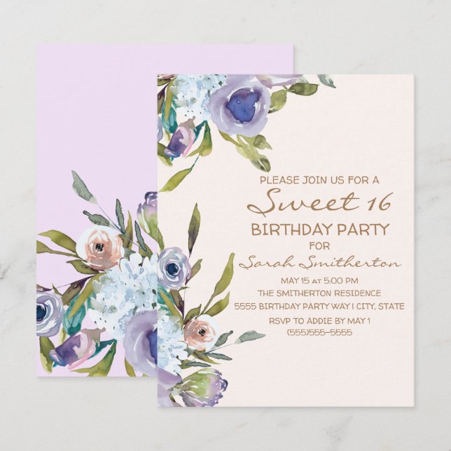 Elegant Lilac Lila Blütengrün Süß 16 Einladung (Vorne/Hinten)