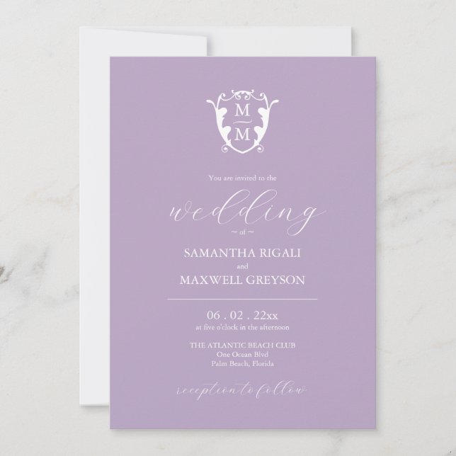 Elegant Lilac Lila Monogram Wedding Einladungen (Vorderseite)
