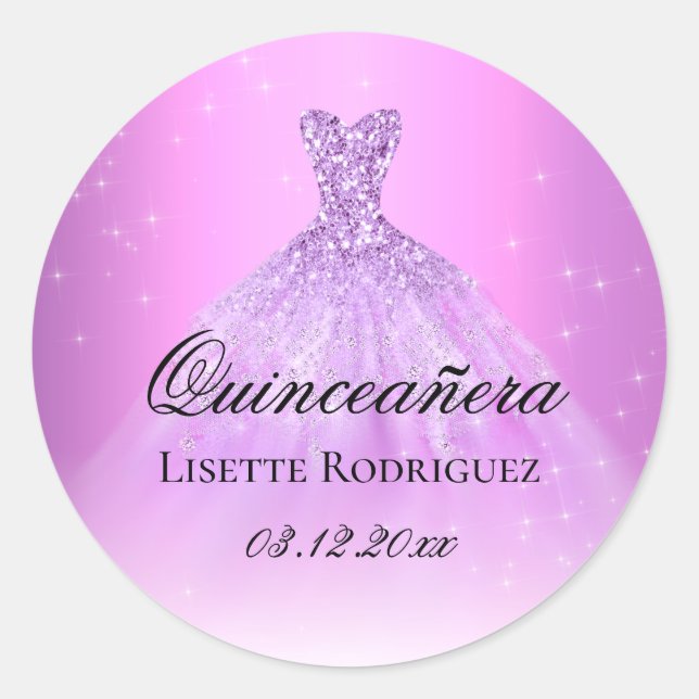 Elegant Lilac Lila Personalisiert Quinceanera Runder Aufkleber (Vorderseite)