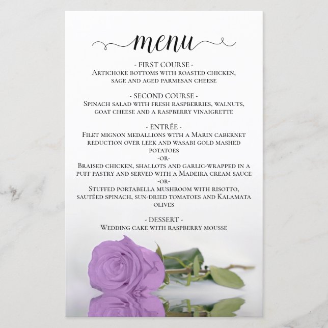 Elegant Lilac Lila Rose Budget Wedding Menu (Vorderseite)