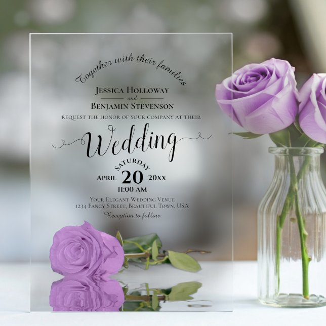 Elegant Lilac Lila Rose Lacy Calligraphy Wedding Acryleinladungen (Clear Acrylic with Rectangle Cut)