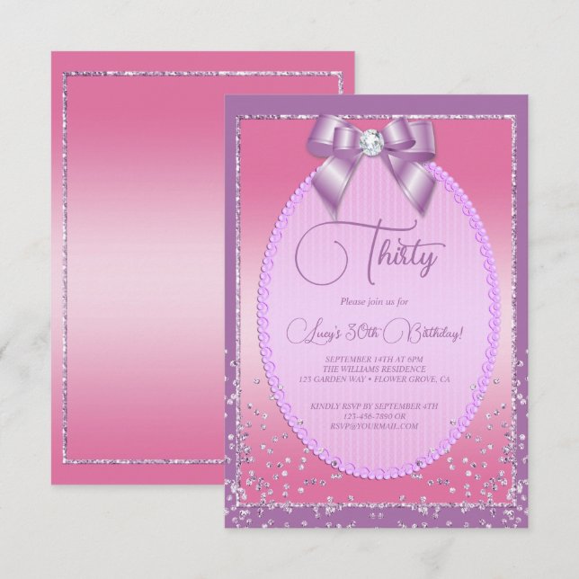 Elegant Lilac & Pink Jewel Bow & Confetti Geburtst Einladung (Vorne/Hinten)