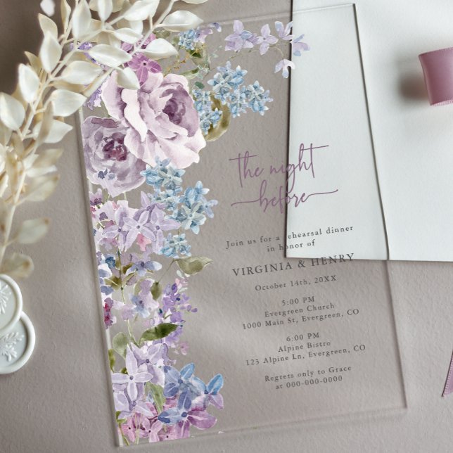 Elegant Lilac Probe Dinner Acryleinladungen (Elegant Lilac Floral Rehearsal Dinner Acrylic Invitations by Painted Paperie
)