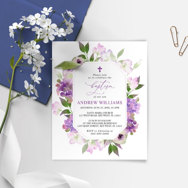 Elegant Lilac Purple Flowers Taufe Einladung (Von Creator hochgeladen)