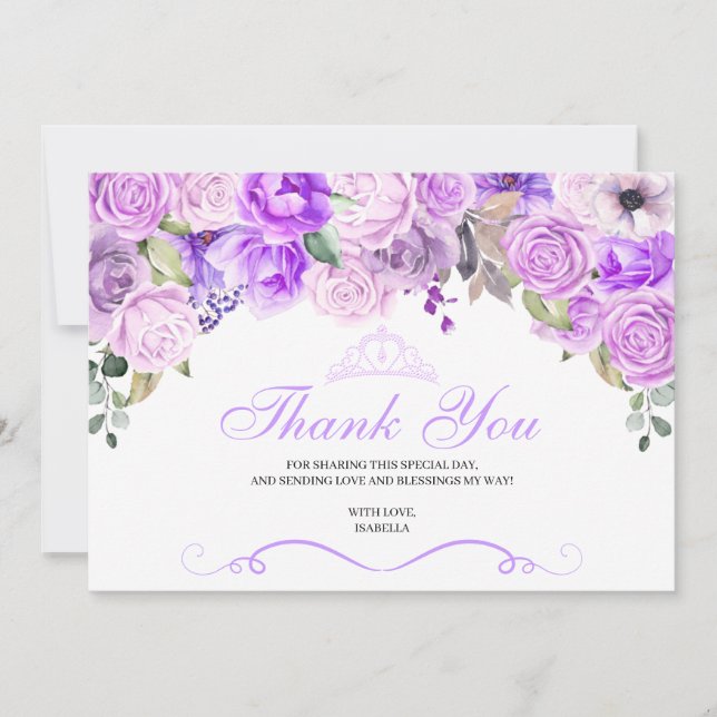 Élégant Lilac violet Floral Quinceanera Merci (Devant)