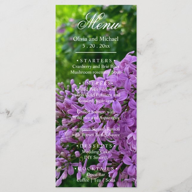 Elégant Lilac violet lavande Mariage à fleurs Menu (Devant)