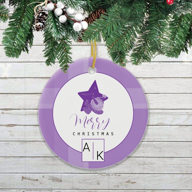 Elegant Lilac Violet Tartan Monogram Keramik Ornament (Von Creator hochgeladen)