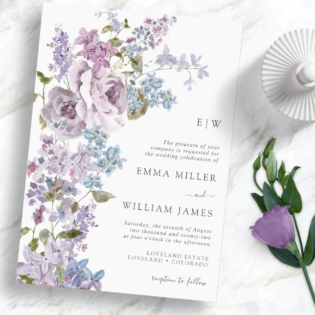Elegant Lilac Wedding Einladung (Elegant Watercolor Lilac Wedding Invitation Monogram by Painted Paperie)