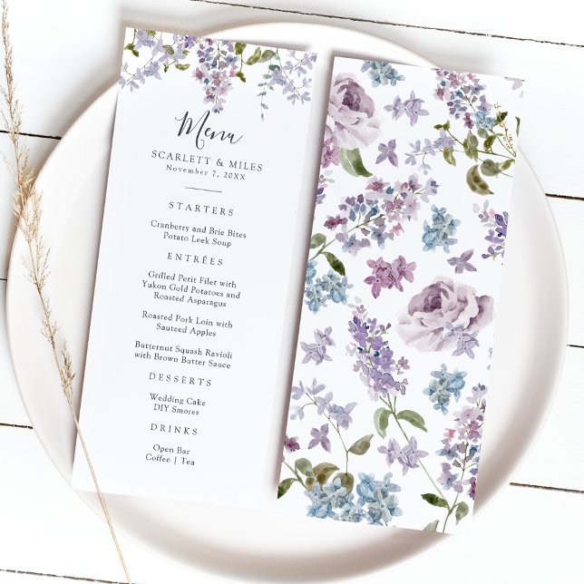 Elegant Lilac Wedding Menükarte (Elegant Watercolor Lilac Floral Wedding Menu by Painted Paperie
)