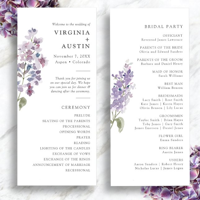 Elegant Lilac Wedding Programm (Elegant Watercolor Lilac Wedding Program by Painted Paperie
)
