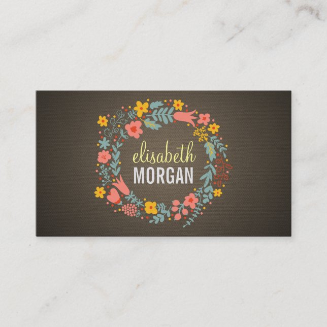 Elegant Linen Burlap Floral Wreath Visitenkarte (Vorderseite)