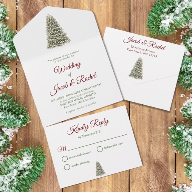 Elegant Lit Weihnachtsbaum Red & Green Wedding All In One Einladung (Von Creator hochgeladen)