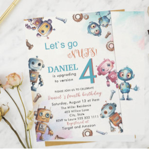 Elegant Little Robot Watercolor Baby Birthday Par Einladung