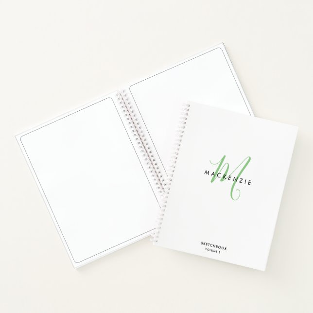 Elégant Livre de croquis blanc vert Script Monogra (Intérieur)