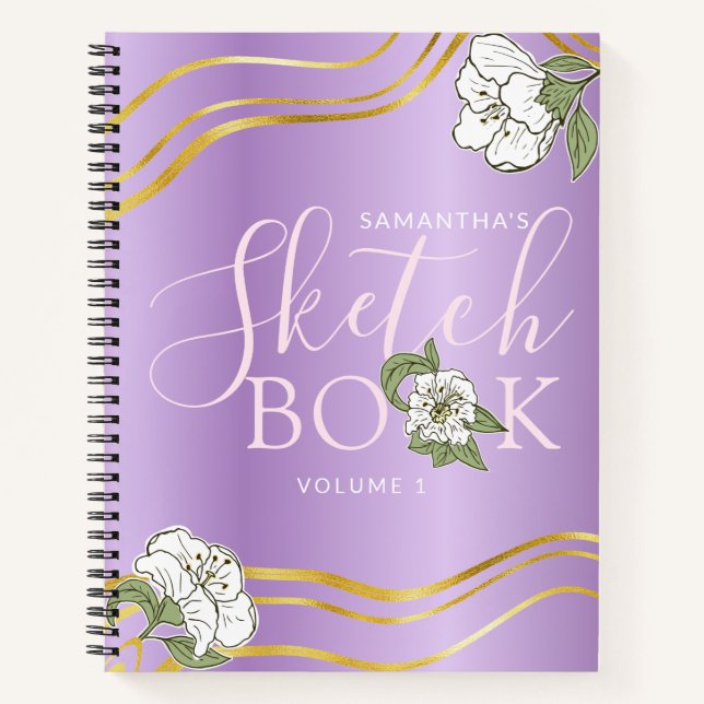 Elégant Livre de croquis de fleurs d'or violet (Devant)