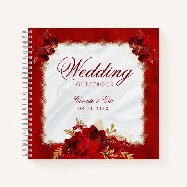 Élégant Livre d'hôtes Mariage à budget Floral Roug (Devant)