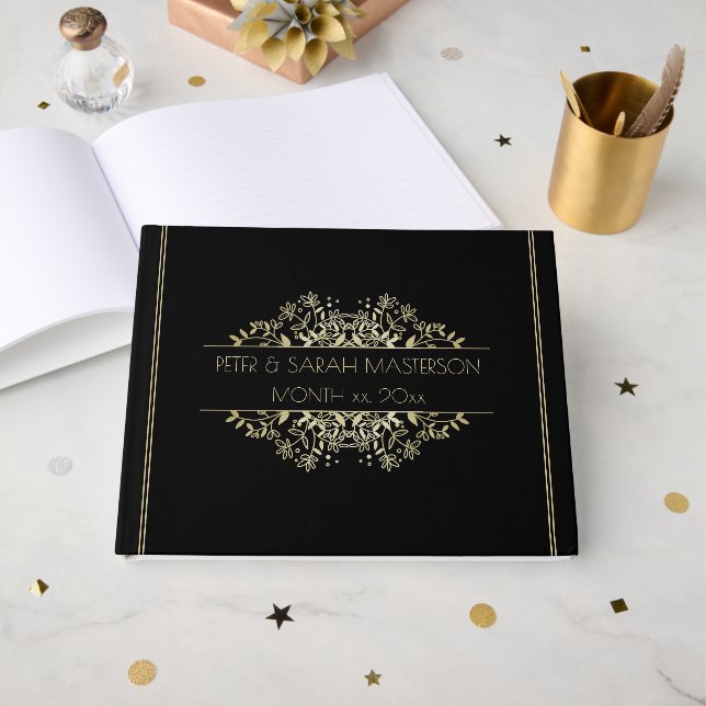 Élégant livre d'hôtes Mariage noir et or (Recto ouvert)