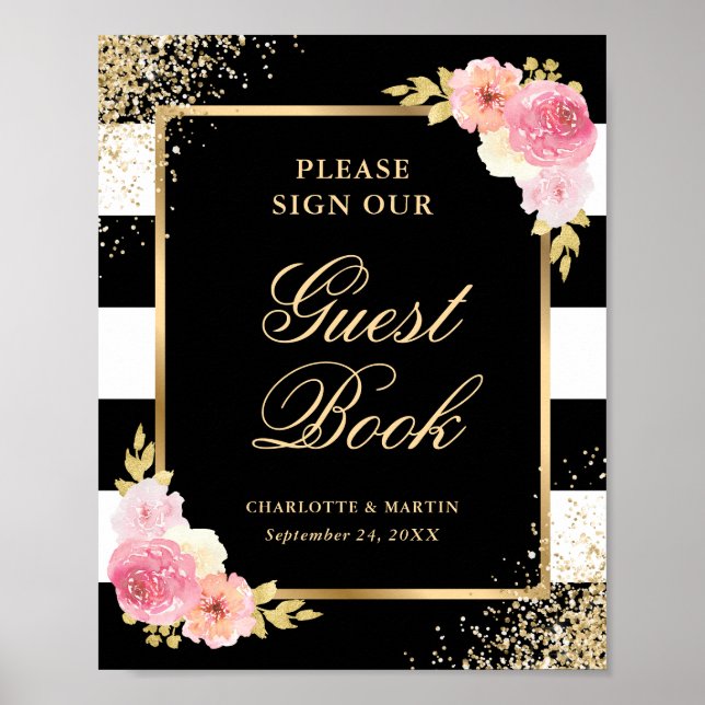 Élégant Livre d'Or de Mariage Fleurs Rose Noir pou (Devant)
