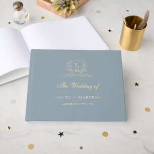 Élégant Livre d'Or de Mariage Monogramme Crête Ble