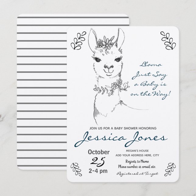 Elegant Llama Girl Baby Shower Rustic Einladung (Vorne/Hinten)