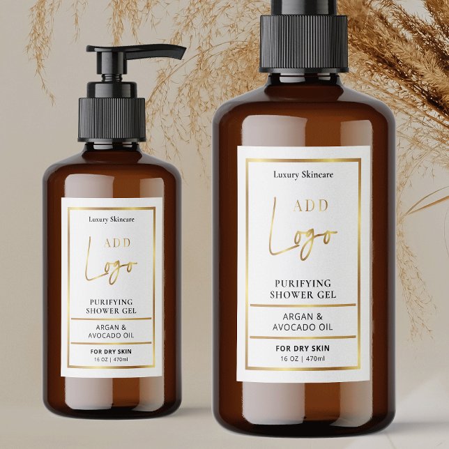 Élégant logo or 8 à 16 OZ Étiquette bouteille cosm (Elegant white and faux gold cosmetic bottle waterproof label with you custom text and logo)