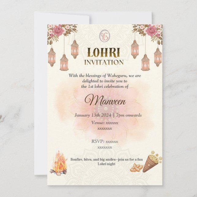 Elegant Lohri Invitation- Pastel, Minimalistic Einladung (Vorderseite)