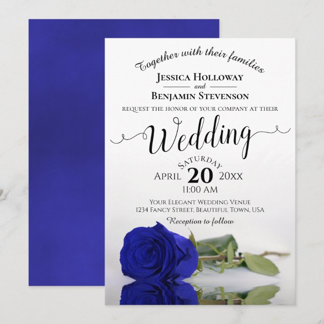 Elegant Long stemmed Royal Blue Rose Wedding Einladung (Vorne/Hinten)