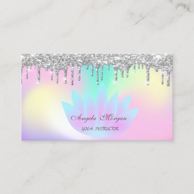 Elegant Lotus Holographic Silver Glitzer Tropfen Visitenkarte (Vorderseite)